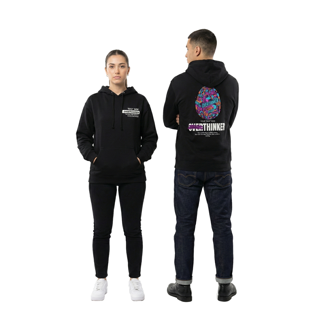 Model wearing Overthinker hoodie by The Bad Egg Society – streetwear inspired by anxiety and overthinking
