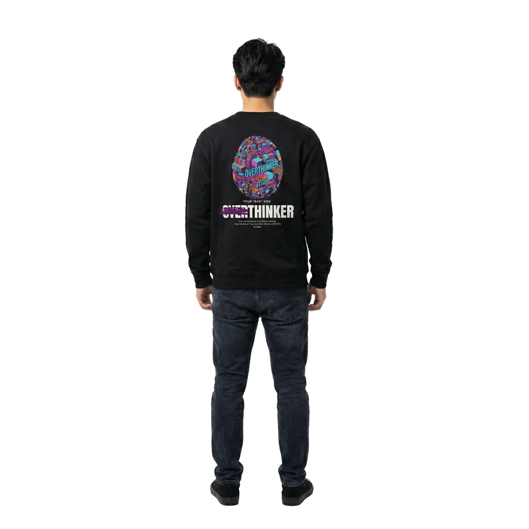 Overthinker unisex black sweatshirt front – The Bad Egg Society streetwear
