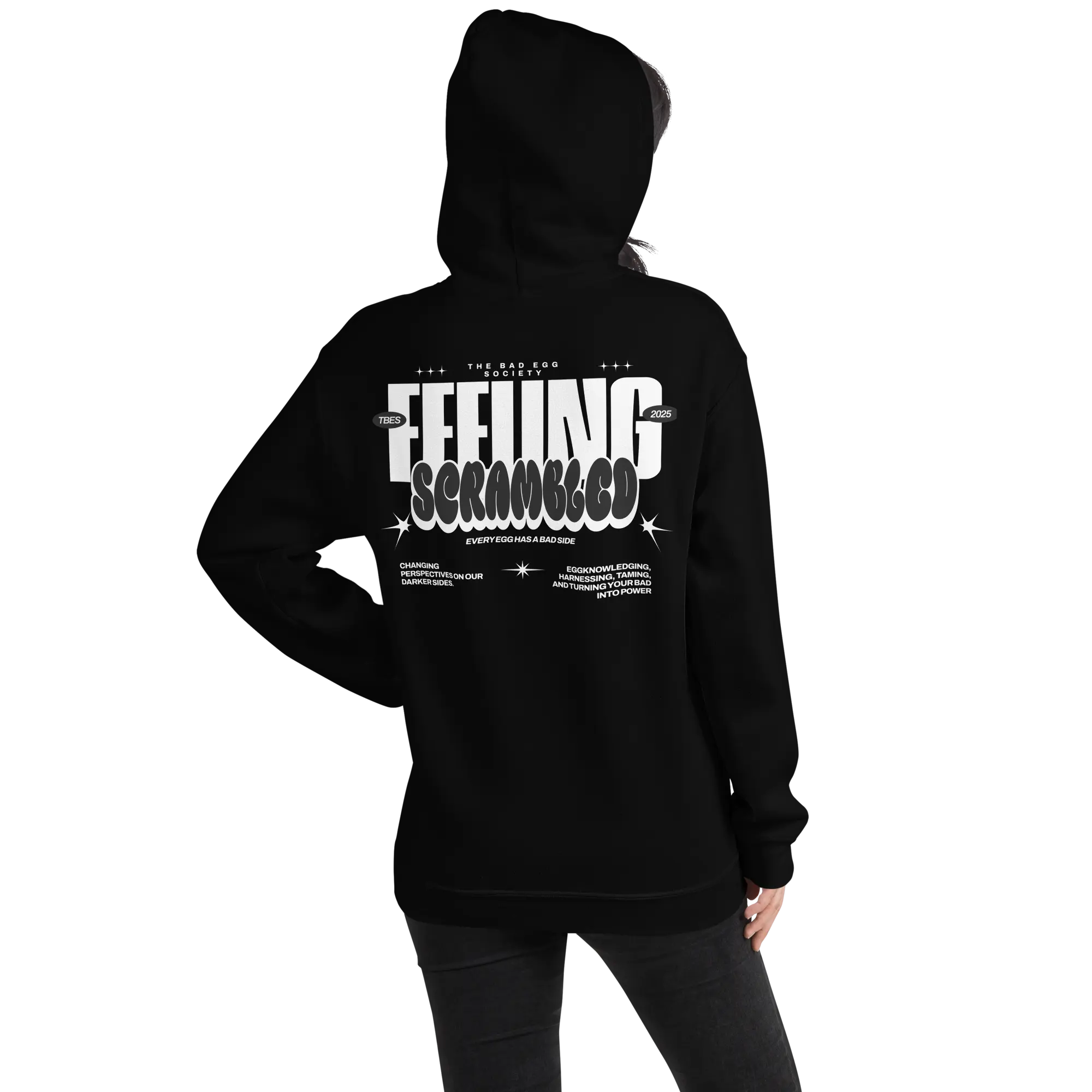 “Feeling Scrambled TBES hoodie – black unisex streetwear with emotional design”