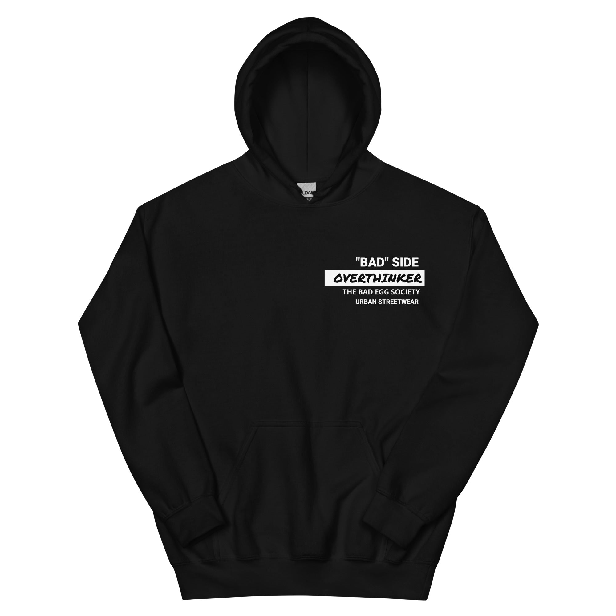 Unisex Overthinker hoodie flat lay – premium cotton streetwear by The Bad Egg Society
