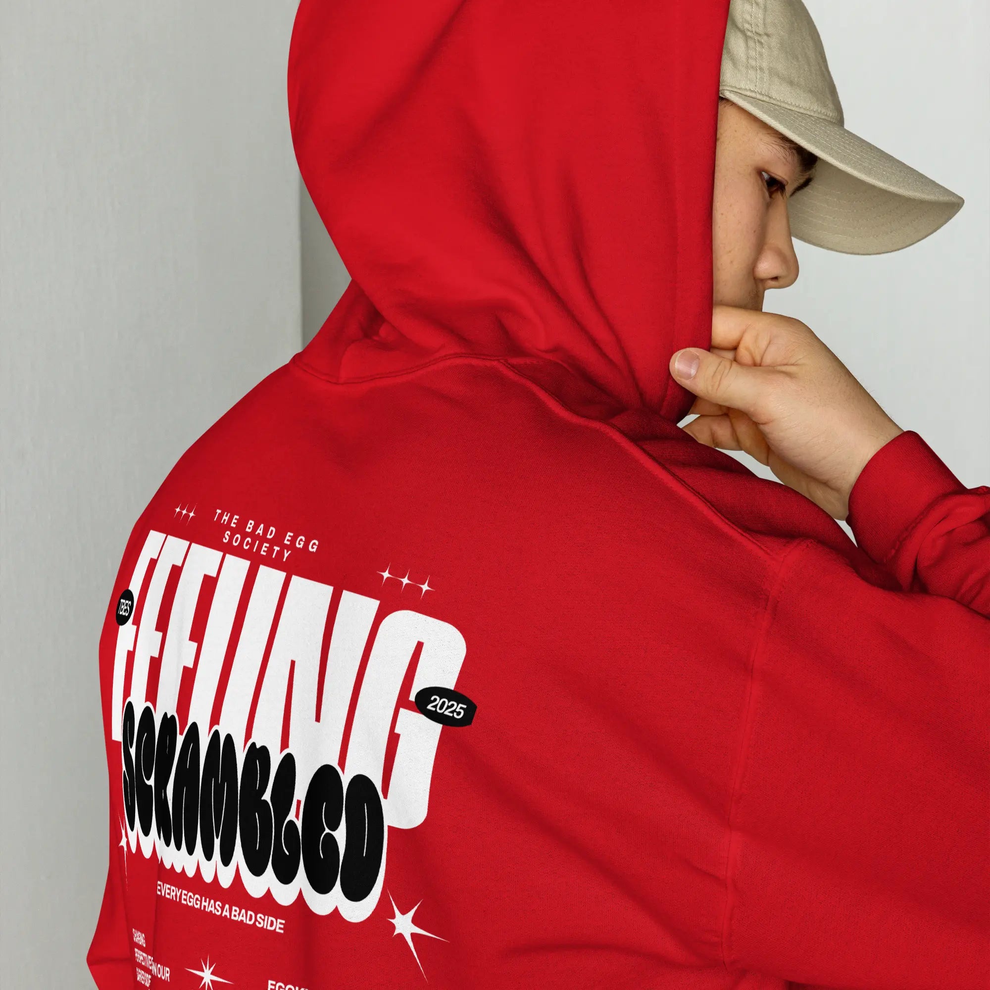 “RED Feeling Scrambled TBES hoodie – red unisex streetwear with emotional design”