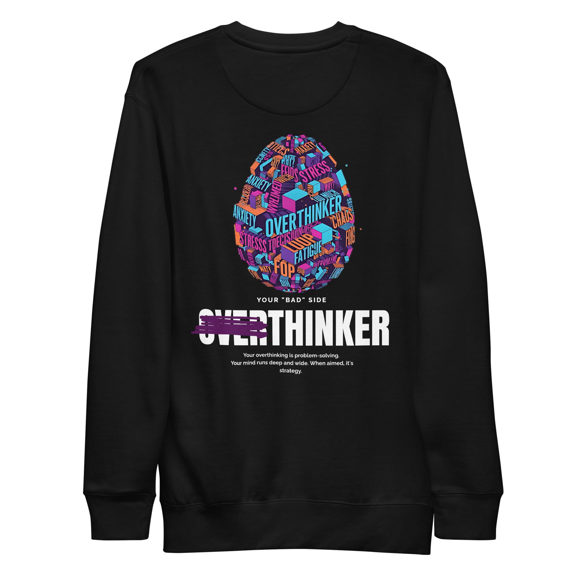 Overthinker unisex black sweatshirt front – The Bad Egg Society streetwear
